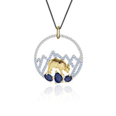 Animal Element Design Inlaid Sapphires Bear Circle Pendant Silver Necklace for Women